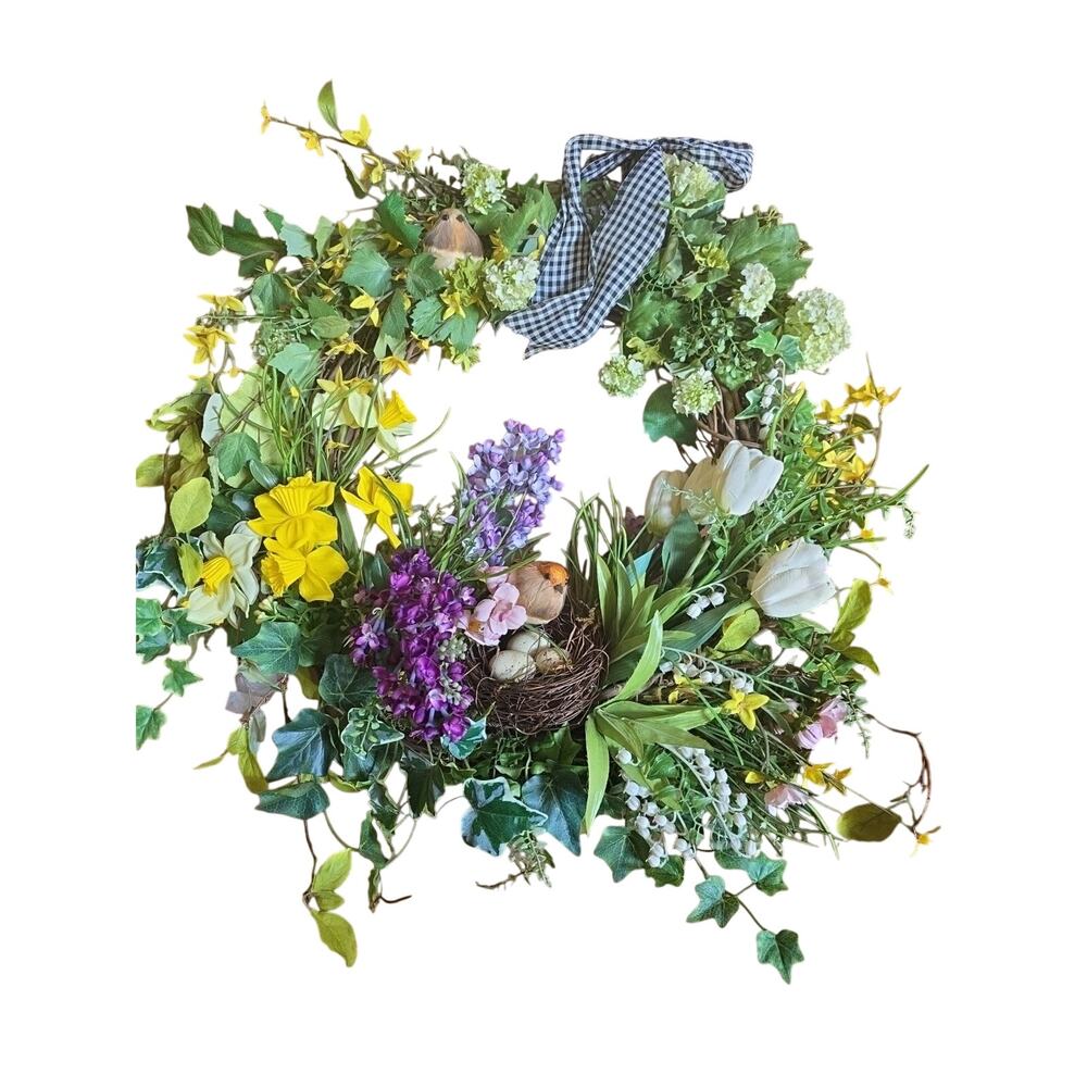 Handmade Easter Spring Wreath Tulips Daisy's Bird nest Ivy Flowers 24"